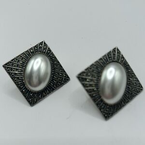 Vintage 1980’s Judith Jack Sterling Marcasite Faux Pearl Rhombus Earrings